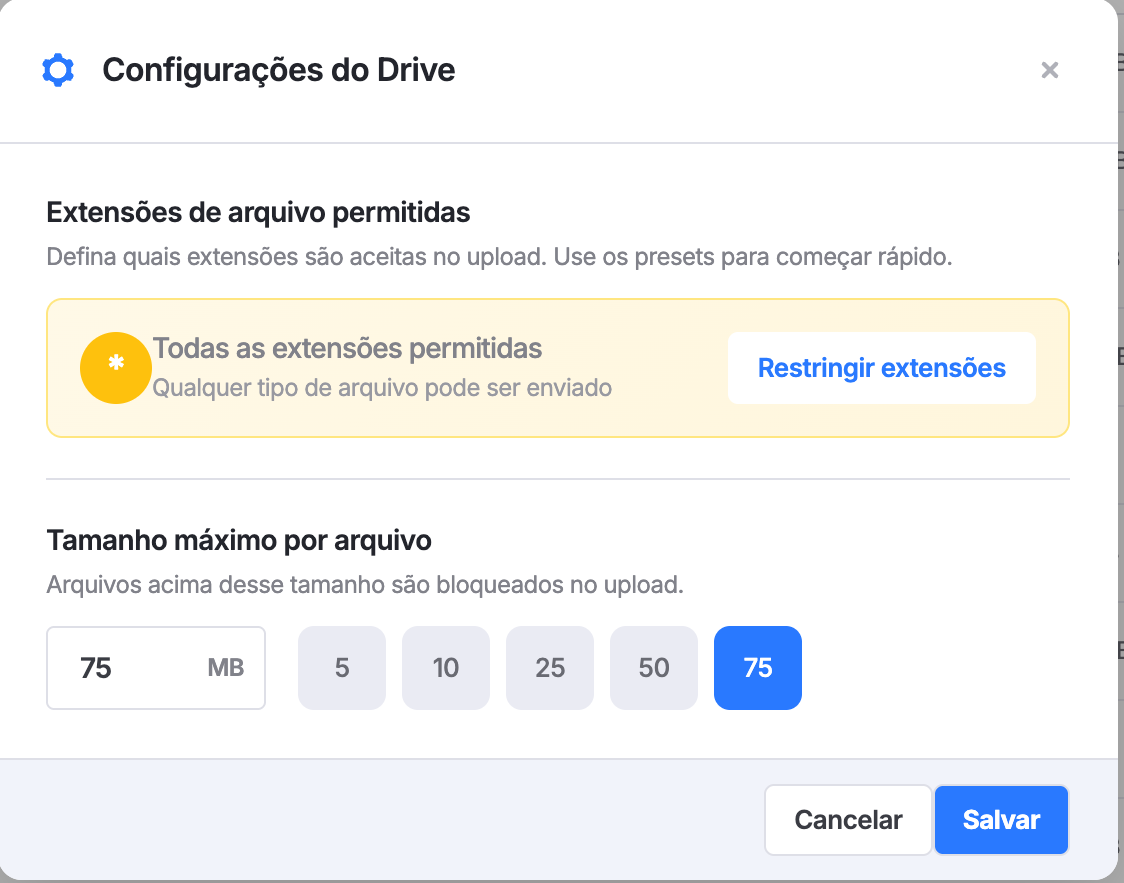 janela Configurações do Drive, com as extensões permitidas e o tamanho máximo por arquivo