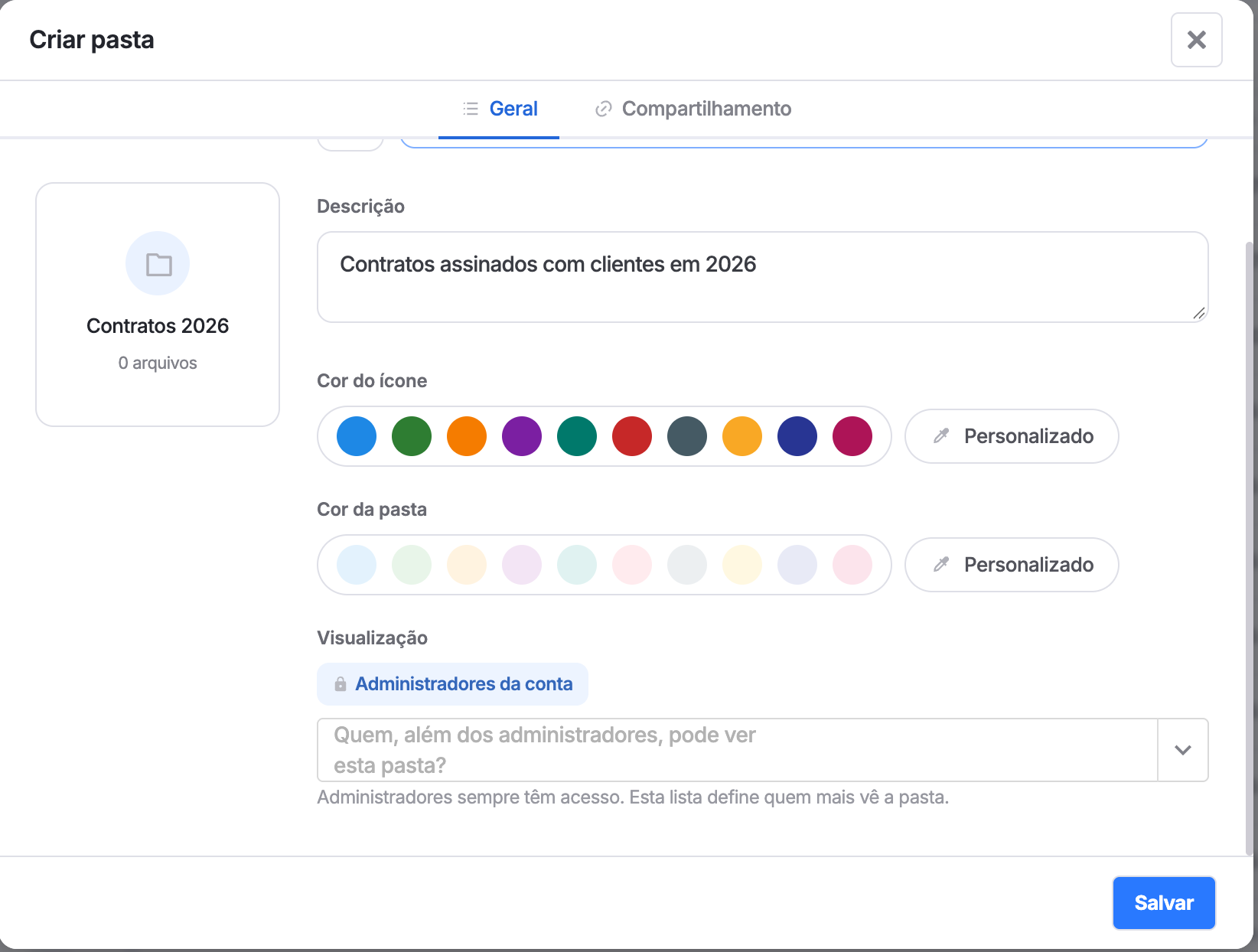 janela de criação de pasta, com nome, cores e "Quem, além dos administradores, pode ver esta pasta?"