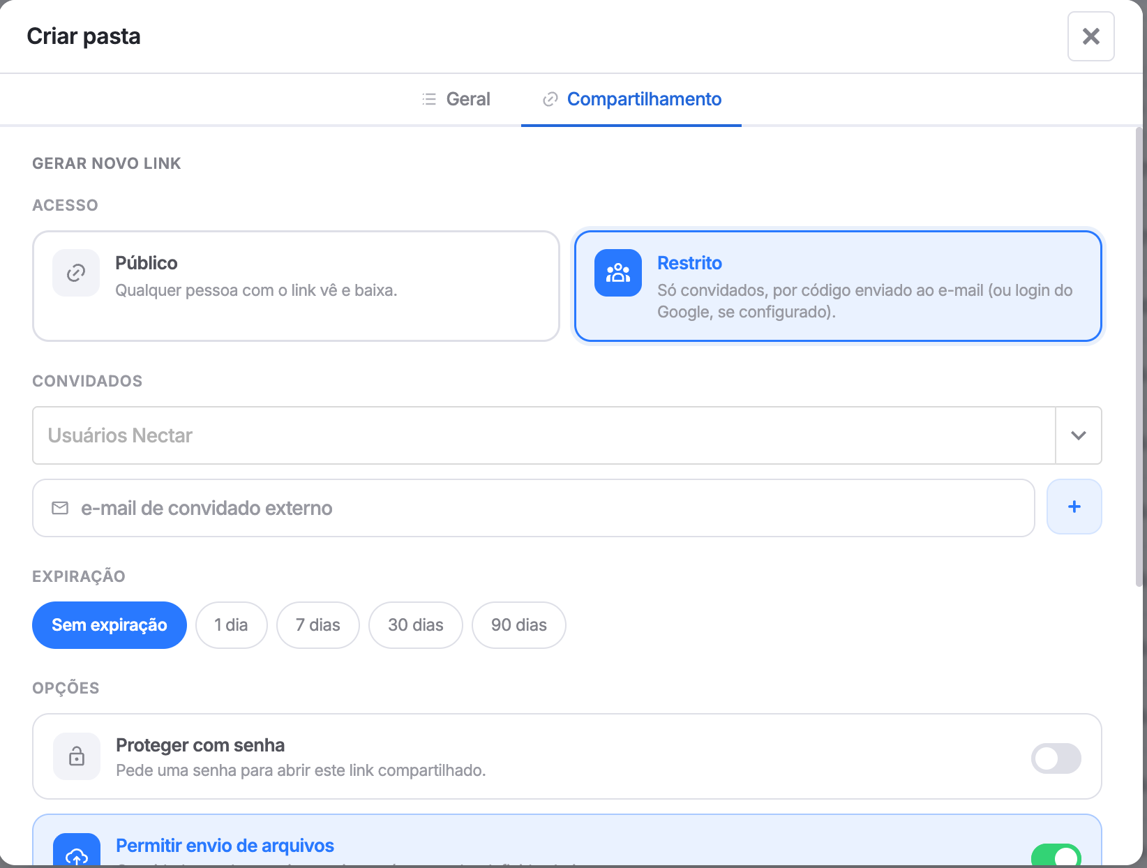 aba Compartilhamento da pasta, com Acesso, convidados, expiração e opções