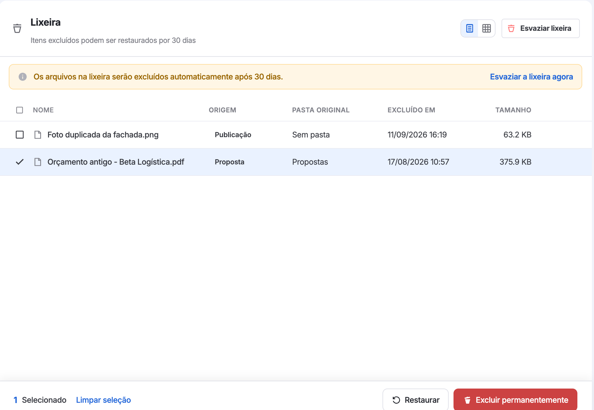 lixeira com o aviso de 30 dias e as ações Restaurar e Excluir permanentemente