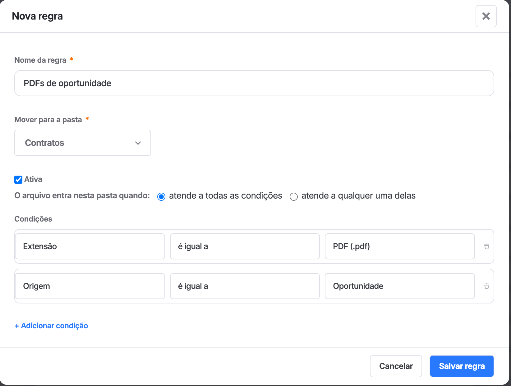 janela Nova regra, com nome, pasta de destino e duas condições