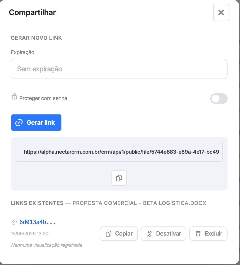 janela de compartilhamento do arquivo, com expiração, senha e a lista de links