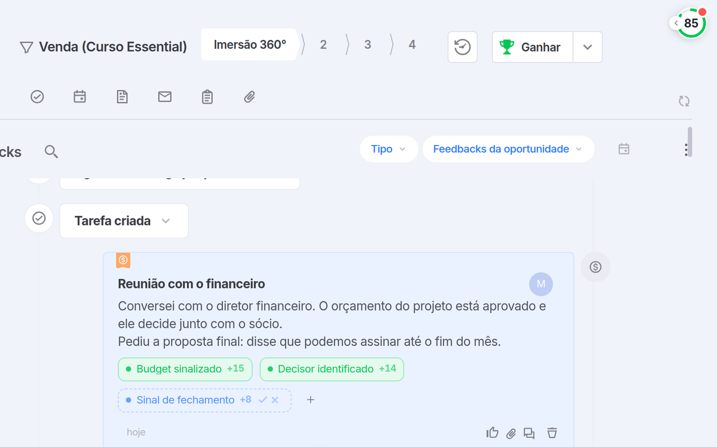 Feedback da oportunidade com intenções marcadas