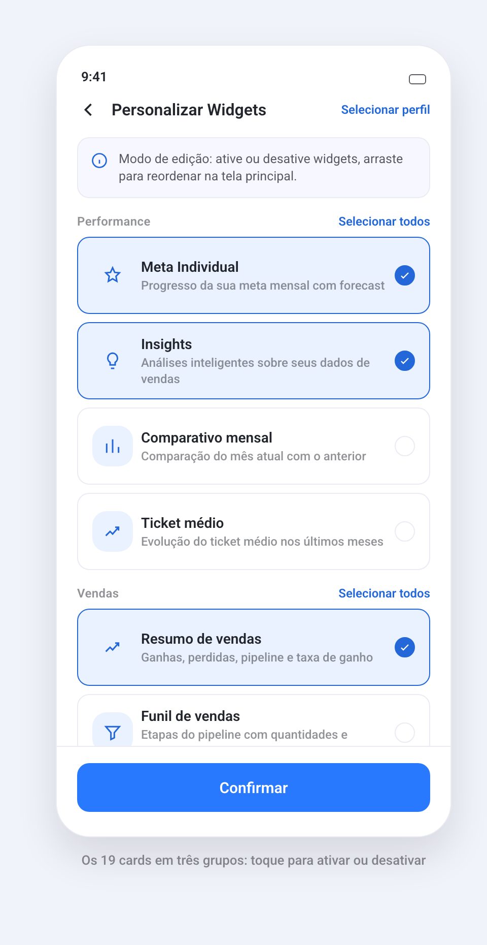 Tela Personalizar Widgets, com os cards em três grupos