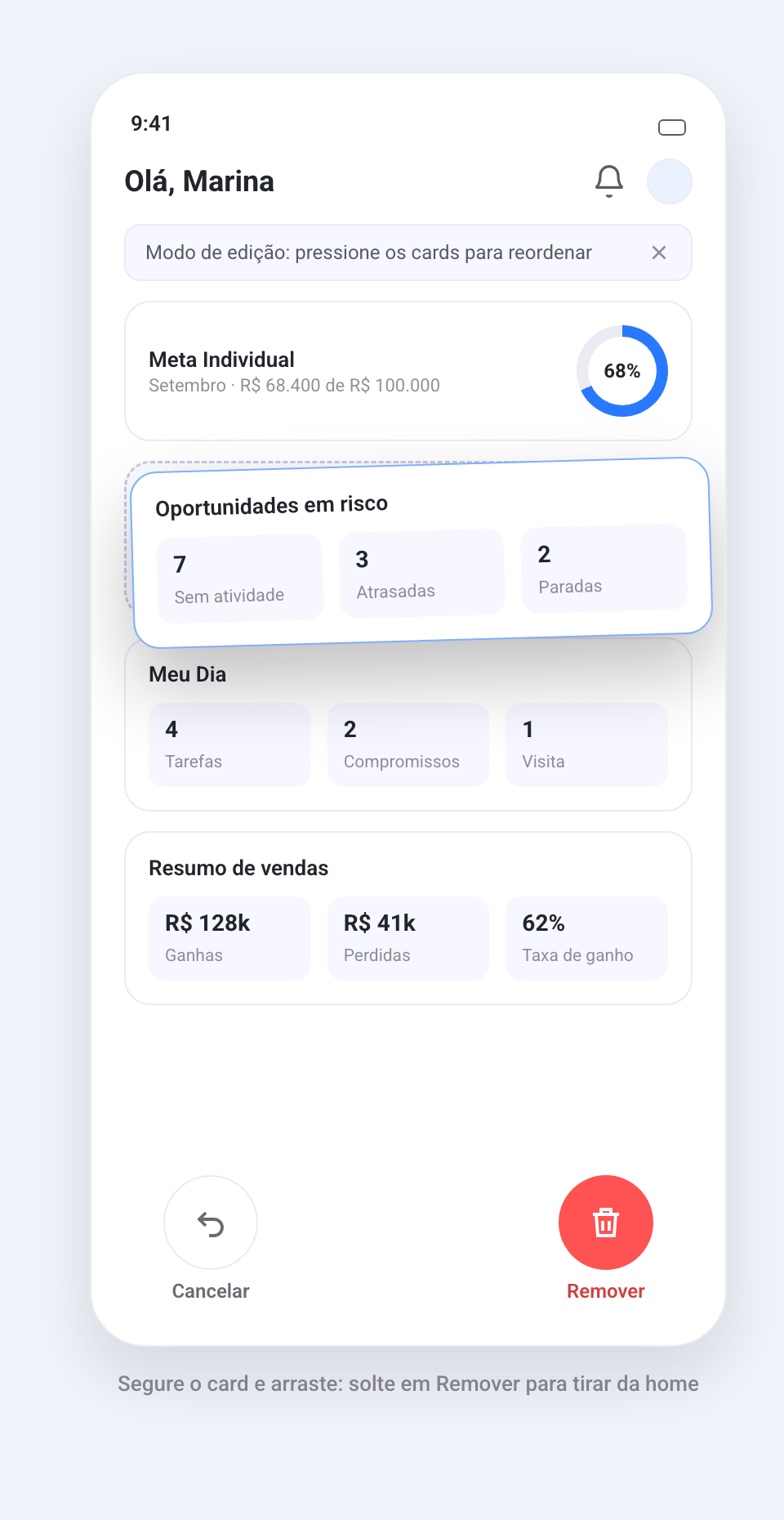 Card sendo arrastado na tela inicial, com as áreas Cancelar e Remover