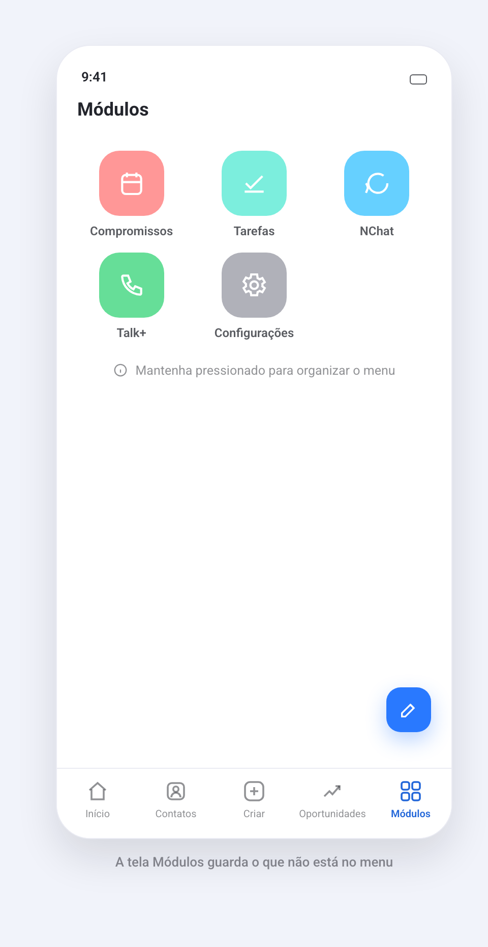 Tela Modulos do aplicativo, com os modulos que nao estao no menu e a barra inferior