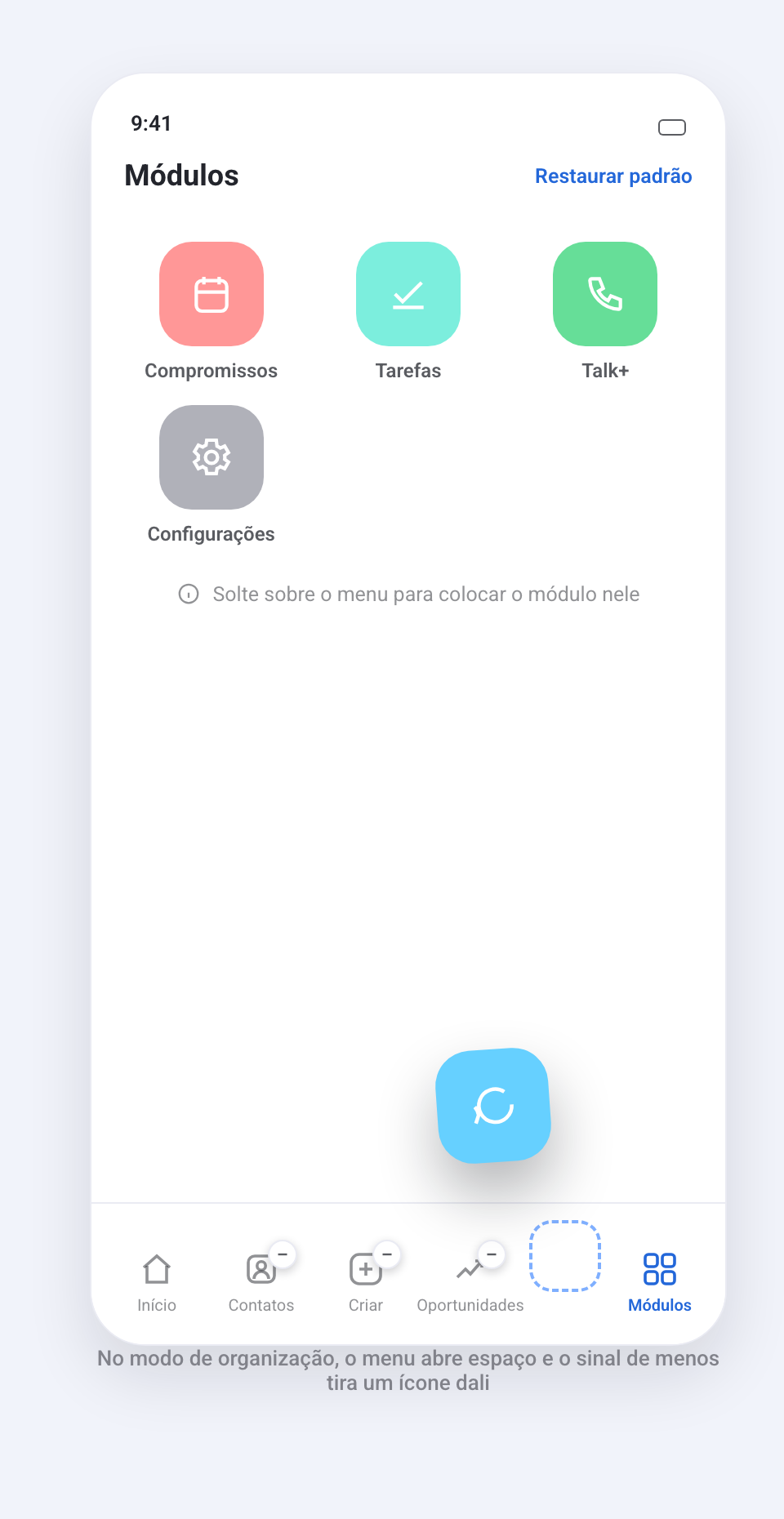 Modo de organizacao: um card sendo arrastado para o espaco aberto no menu