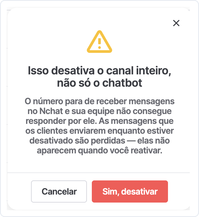 Aviso Isso desativa o canal inteiro, não só o chatbot, com os botões Cancelar e Sim, desativar