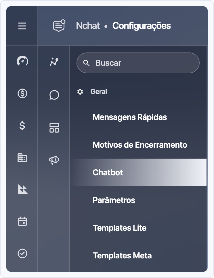 Menu de Configurações do Nchat com o item Chatbot selecionado