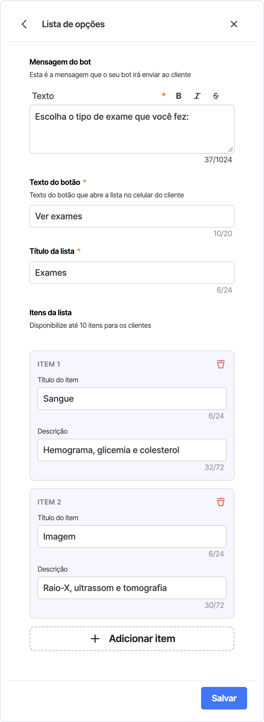 Painel Lista de opções com Texto do botão, Título da lista e dois itens