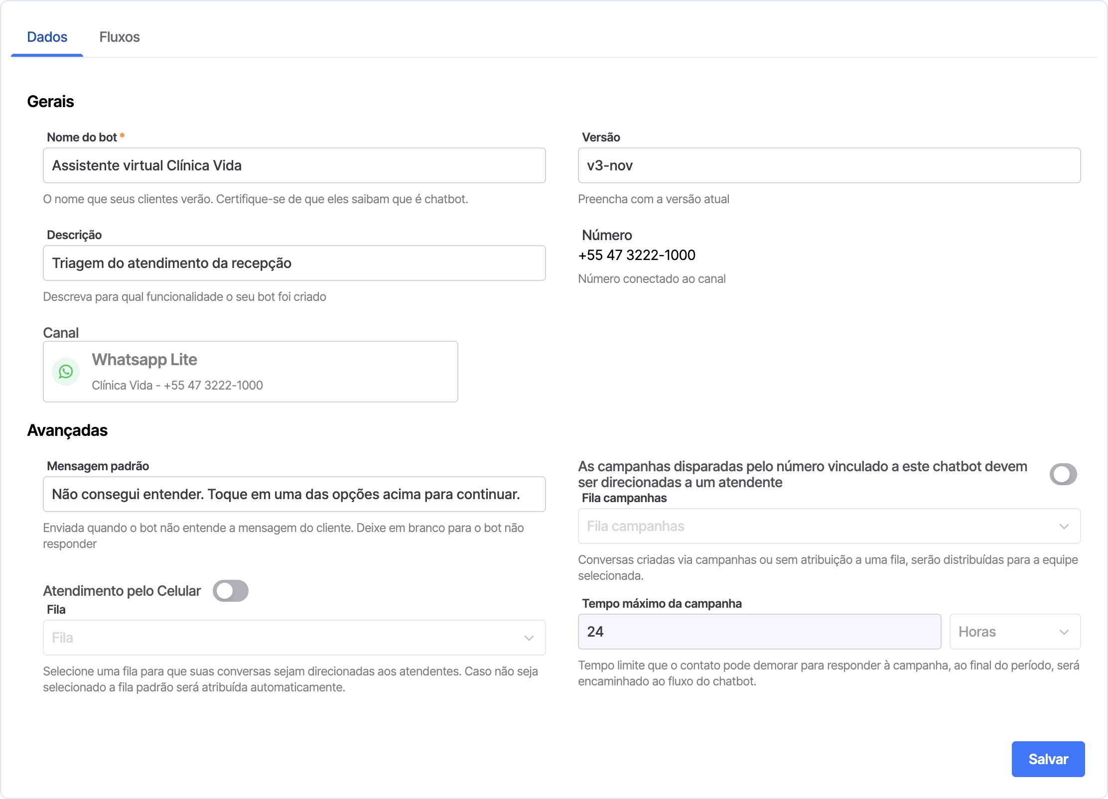 Aba Dados do chatbot com os blocos Gerais e Avançadas