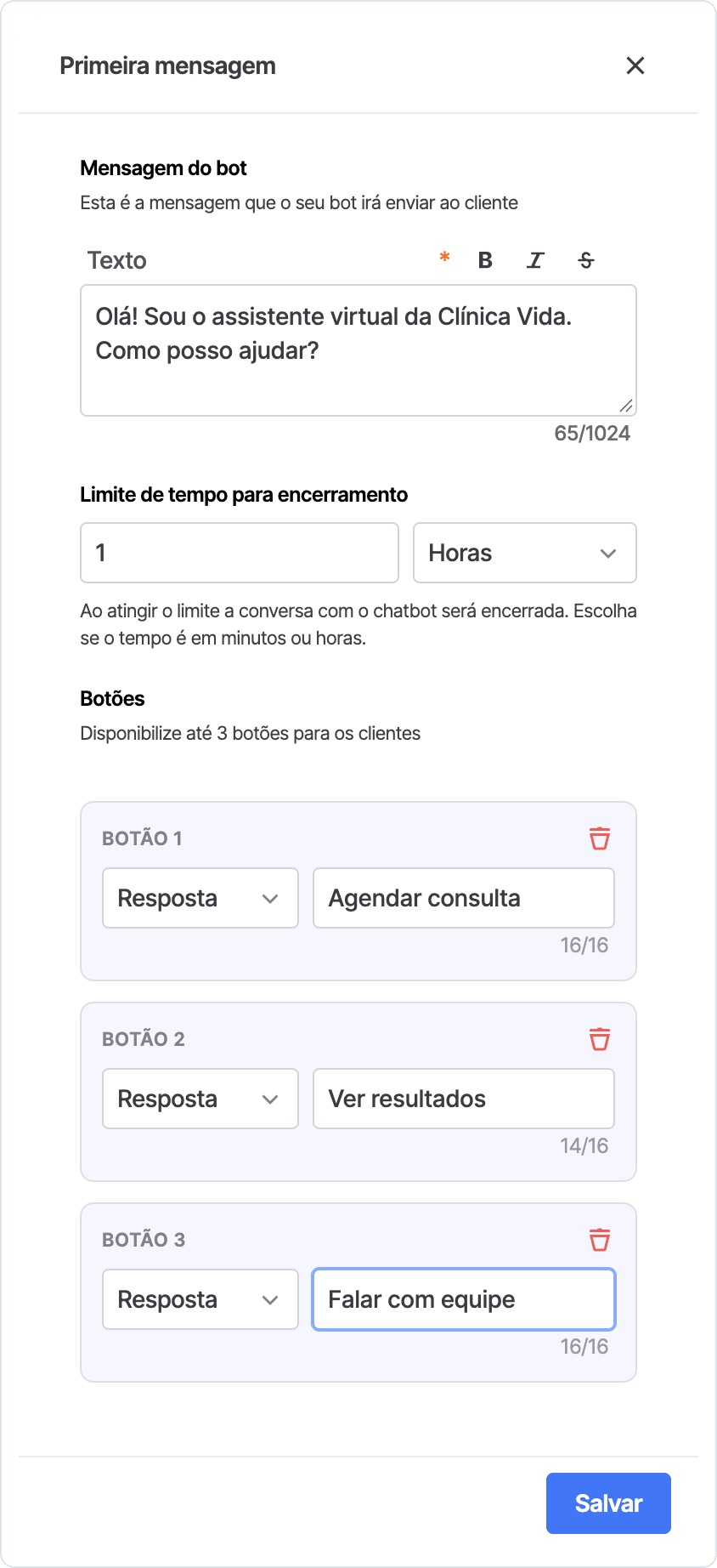Painel Primeira mensagem com Mensagem do bot, Limite de tempo para encerramento e três botões