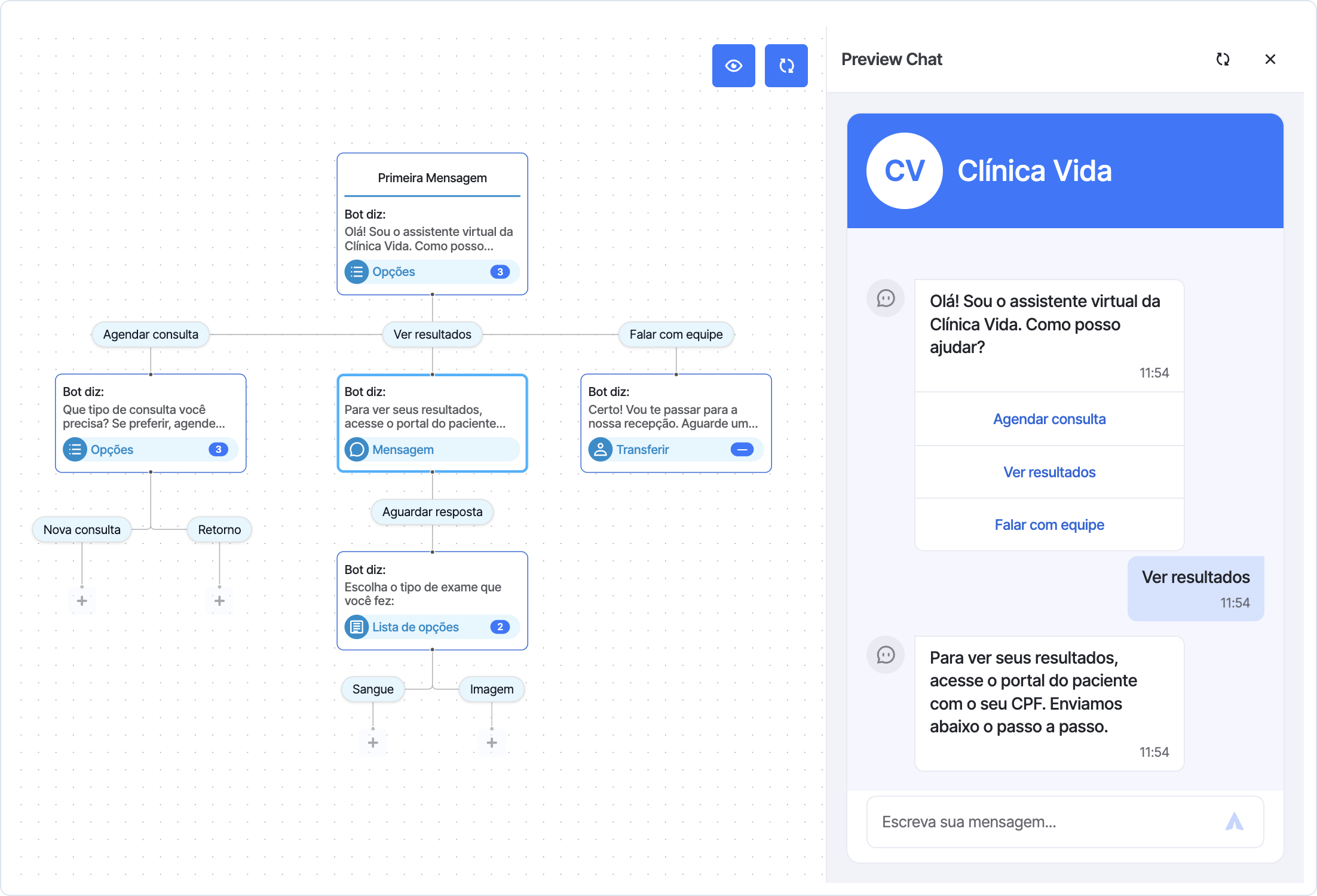 Diagrama do fluxo com o painel Preview Chat aberto e a etapa da conversa destacada