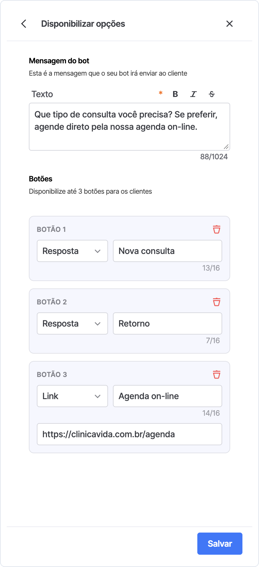 Painel Disponibilizar opções com dois botões de resposta e um botão de link