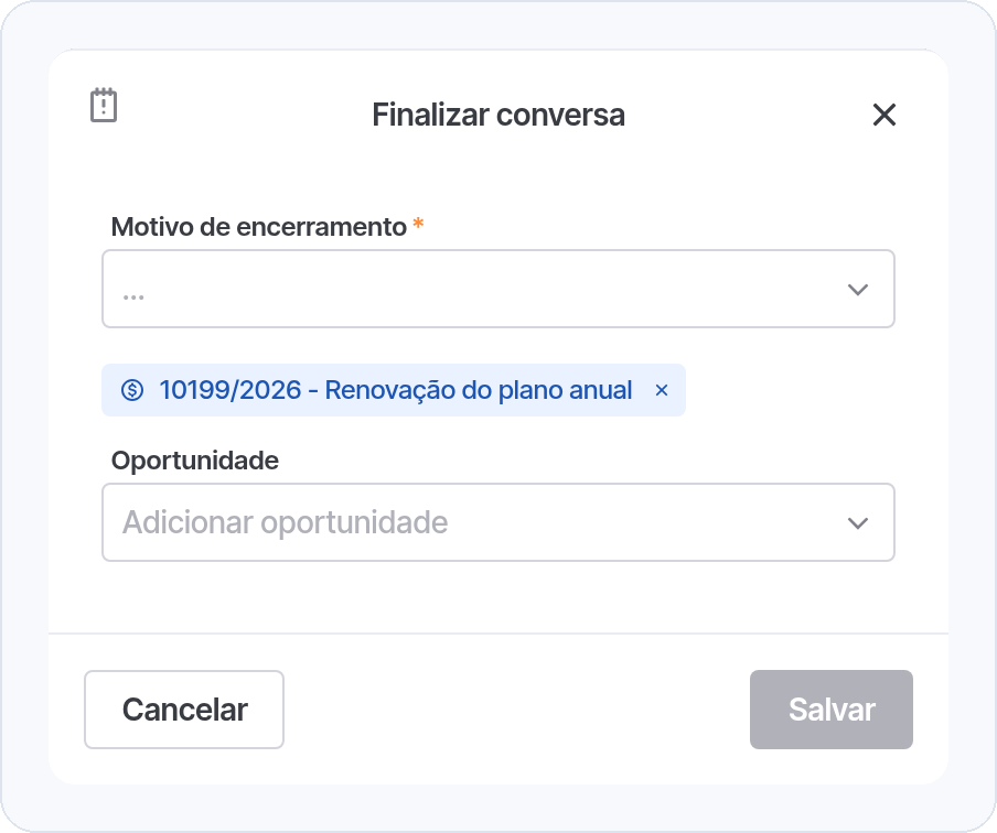 Janela Finalizar conversa com o campo Oportunidade e a etiqueta da oportunidade vinculada
